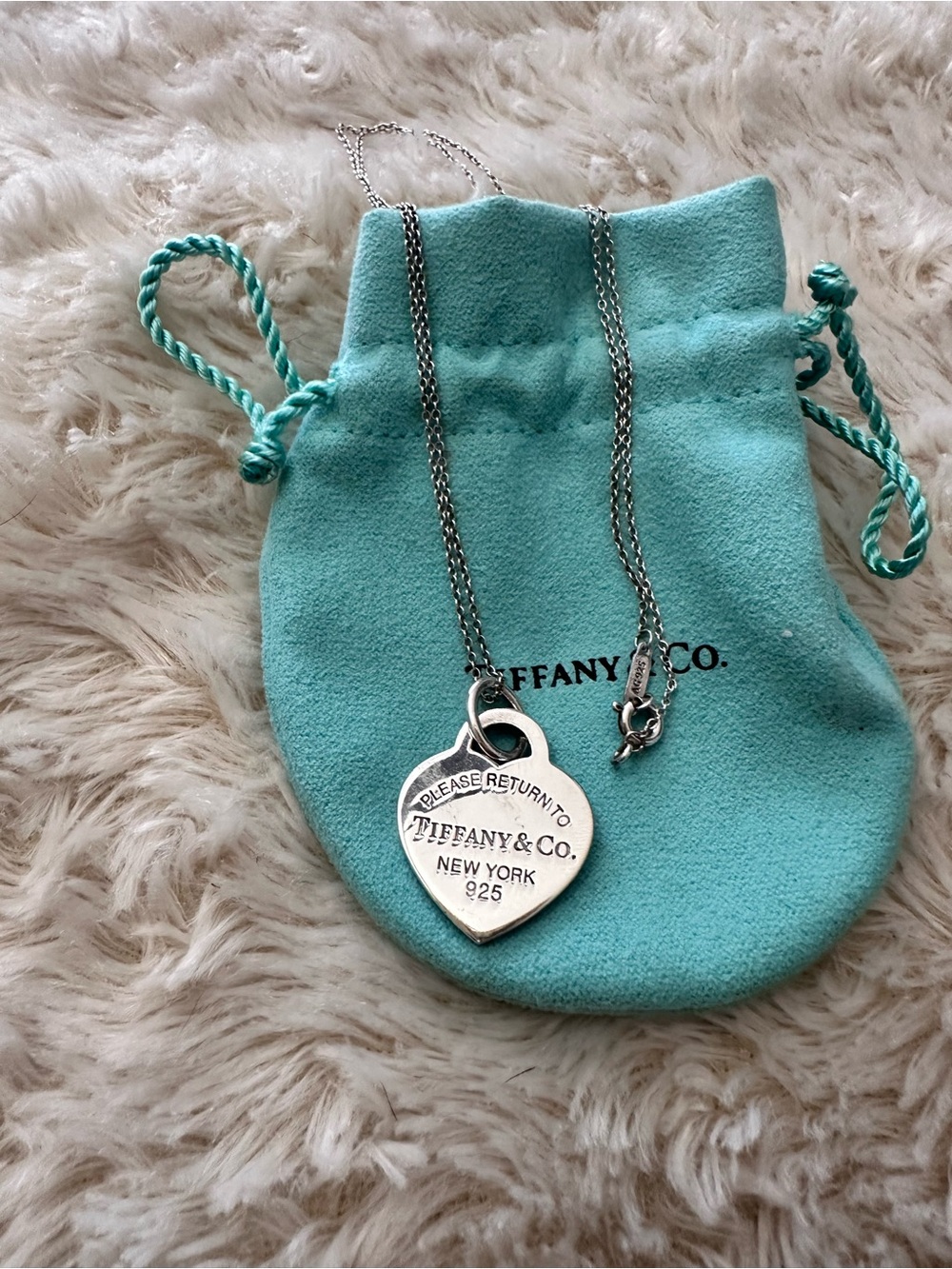 Tiffany & Co. Silver Heart Tag Necklace with Blue Pouch